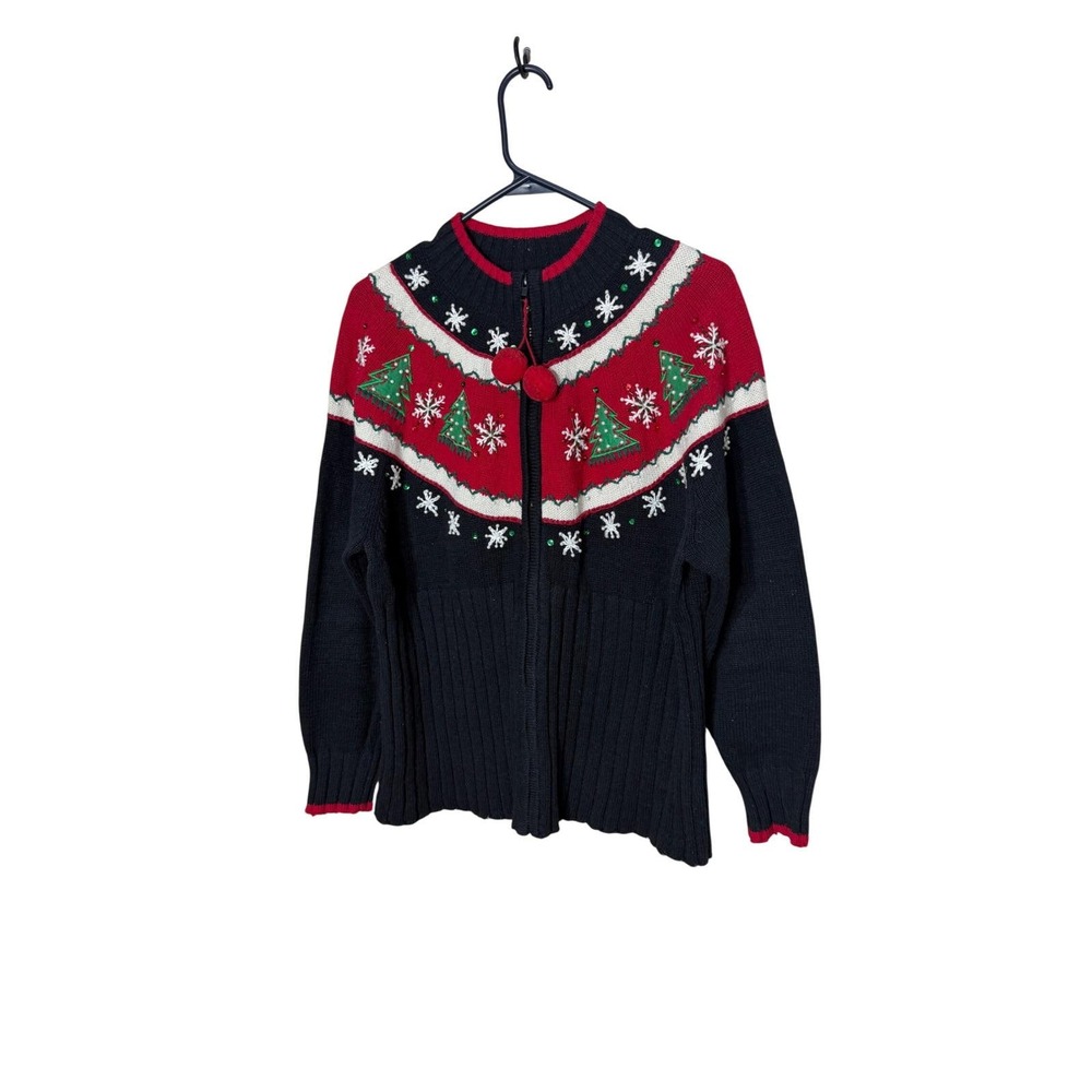 Tiara International Christmas Collection Zip Sweater‎ XL Black Red Tree Sequin